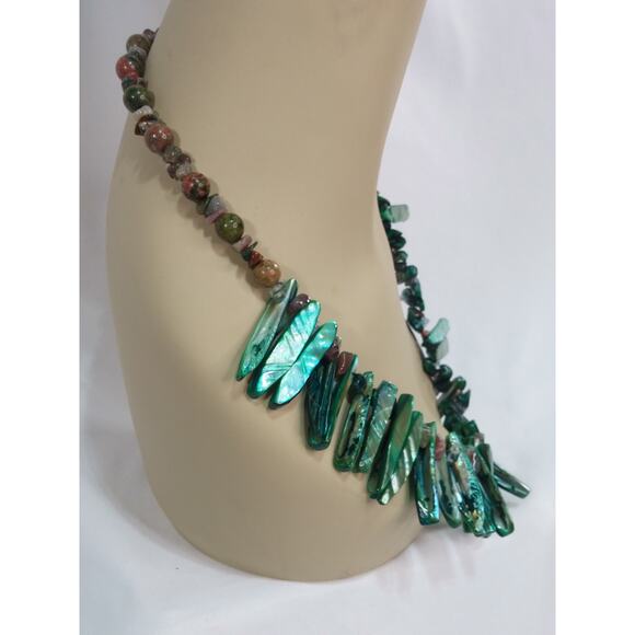 Abalone Shell Necklace Green Paua Artisan Unakite Stones Tribal Spike Statement - Picture 3 of 11